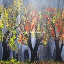 A rainy, black & white, fall background with vibrant yellow & orange trees made using bubble wrap!
